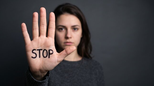 Woman showing hand with stop sign for violence prevention