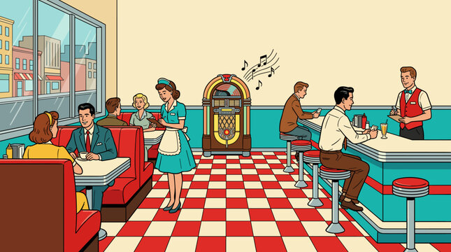 Retro Diner Interior with People, Waitress Taking Order, Jukebox Playing Music, and Customers at Counter and Booths, Flat Vector Illustration
