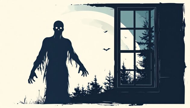 Spooky zombie standing by house window.