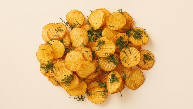 Bird's-eye perspective of potato crisps lightly dusted with seaweed.