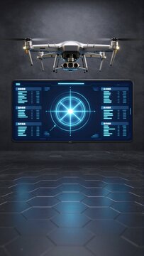 drone flying air above large screen futuristic interface drone white four propellers camera mounted front screen displays blue circle white light center which appears radar control panel background