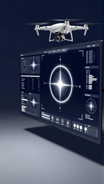 large screen futuristic design screen displaying drone white body four propellers drone flying air above screen its propellers pointing towards right side screen background dark blue screen filled