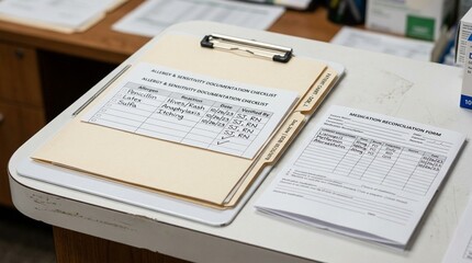 Obraz premium Allergy documentation checklist clipped to a patient chart beside a folded reconciliation form – Healthcare Medication Reconciliation Stock Photo