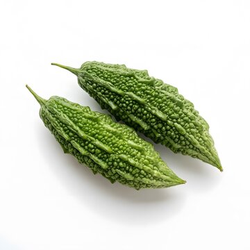 Two fresh green bitter melons on a white background