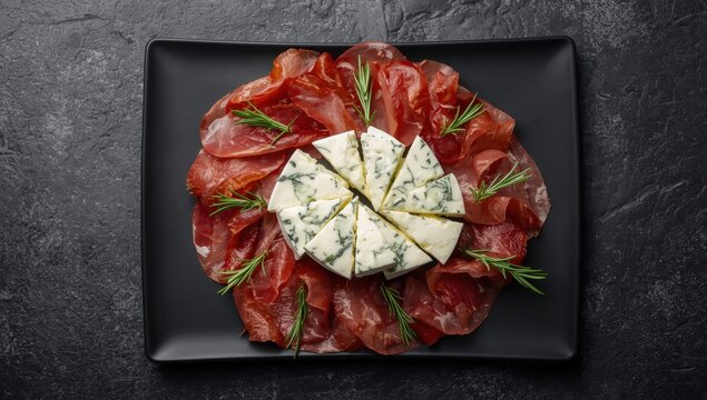 Blackstone table featuring blue cheese, prosciutto, and rosemary from above.
