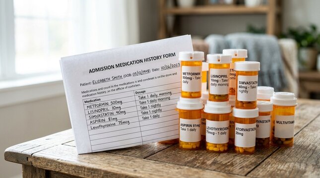 Admission medication history form propped against a stack of labeled pill bottles &ndash; Healthcare Medication Reconciliation Stock Photo