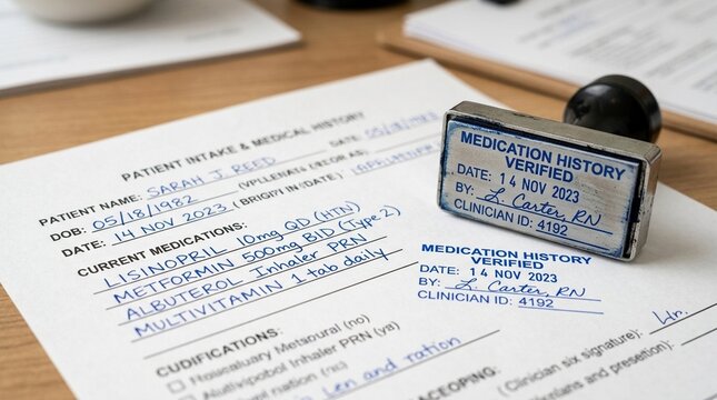 Medication history verification stamp resting beside a completed intake form &ndash; Healthcare Medication Reconciliation Stock Photo