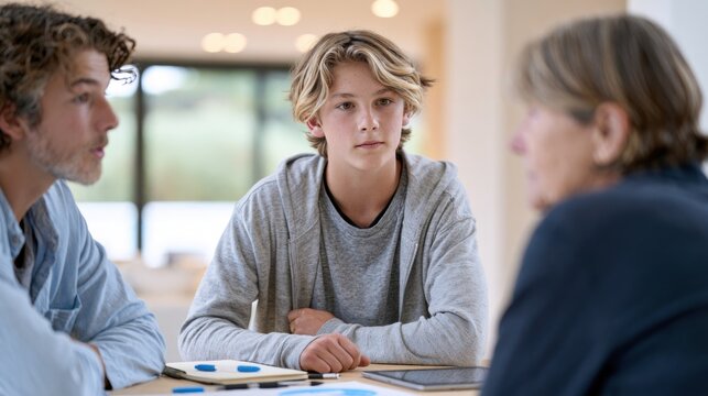 Teenager actively participating in family discussion while listening to parents. Communication, trust, decision making, parenting and healthy family relationships