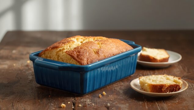 Blue ceramic mold holds homemade sponge cake on wooden table. Sliced pound cake.