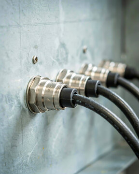 Metal Cable Glands with Black Cables Connected to a Textured Surface Keywords: cable, gland, metal, electrical, connection, industrial, technology