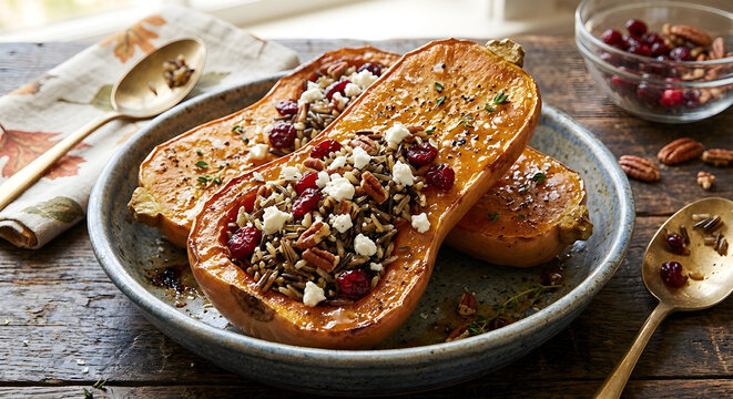 Roasted Butternut Squash Halves Stuffed with Wild Rice Cranberries and Goat Cheese