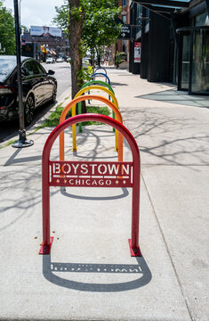 Rainbow bike racks still read Boystown, the name Northalsted's business alliance dropped in 2020 over inclusivity concerns, Chicago, USA, July 2026.