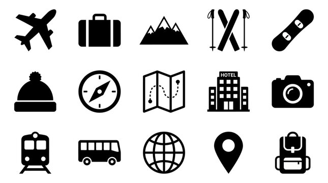 Winter and summer travel icon set. Vacation symbols. Airplane, mountains, ski, snowboard, and hotel. Modern flat vector illustration.