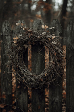Dried wreath hanging on a wooden fence &mdash; part of a folk horror and dark poetry series