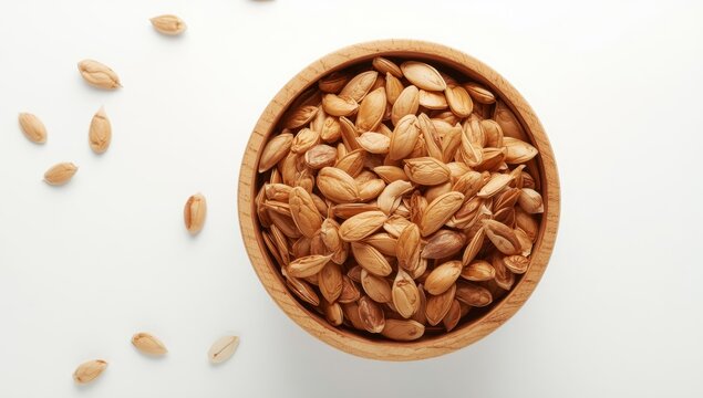 Bowl of dried pumpkin seeds on a white background.