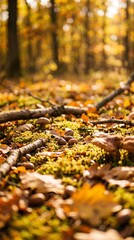Fototapeta premium Autumn forest floor with fallen leaves acorns and moss in soft sunlight vertical background
