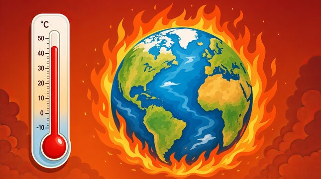 Earth, a planet, burns as flames surround it, showing global warming's heat with a thermometer.
