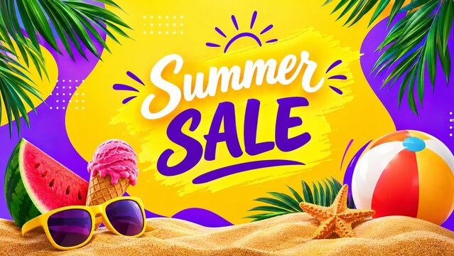 Warm weather sale, bright yellow island vacation idea, purple and yellow poster for your design, all in a simple vector image.