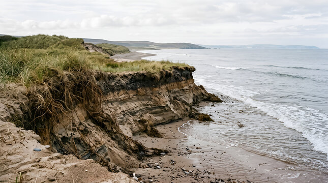 Natural shoreline erosion illustrating climate adaptation, coastal resilience, and environmental change for ESG reports, conservation, and commercial sustainability projects.