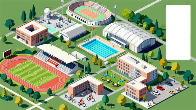 Isometric Vector Map of a Comprehensive Sports Park and Athletic Campus with Stadiums, Outdoor Swimming Pools, Running Tracks, Training Facilities, and Green Landscape for Recreation