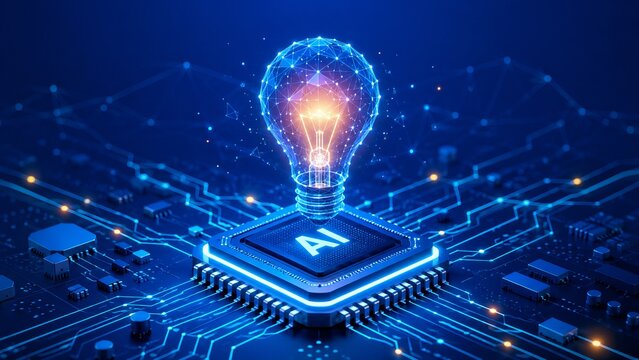 AI chip and lightbulb glow on tech background. AI ideas spark. 3D vector art.