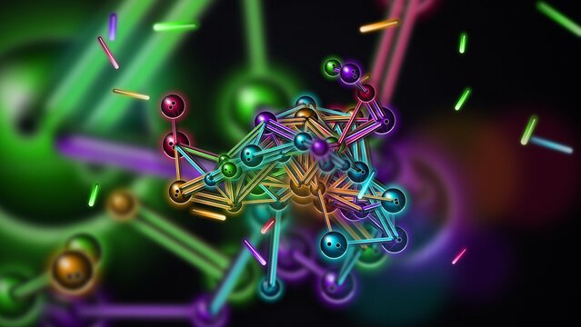 Abstract Glowing Neon Acrylic Molecular Model Kit on Dark Obsidian Background Ultra Realistic Macro Studio Render