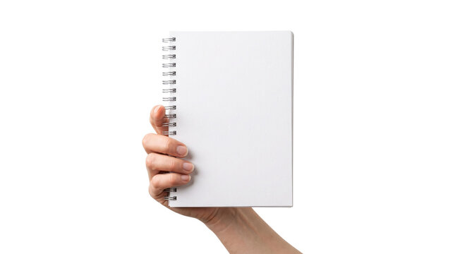 Blank spiral notebook mockup held by hand, white paper notepad template for sketching, minimalist stationery journal on white background