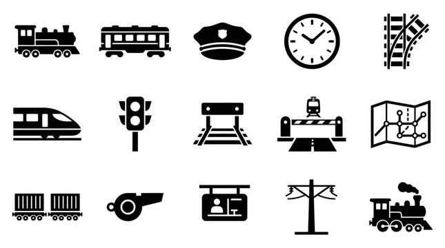 Set Of Fifteen Black Railway And Train Icons On White Background