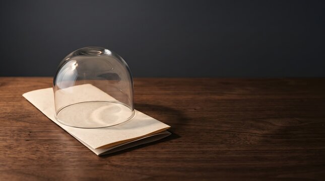 Insurance policy document sheltered under glass dome paperweight on dark desk, property protection and climate risk coverage concept art horizontal with copy space