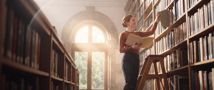 Woman reading book in library while reaching for literature on a high shelf, captured in warm golden sunlight for academic, research, and educational media projects for commercial technology