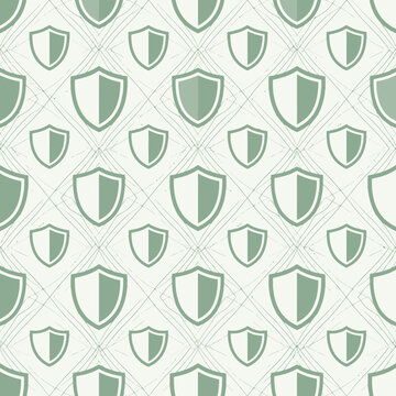 Green shield pattern with geometric lines on a light beige background