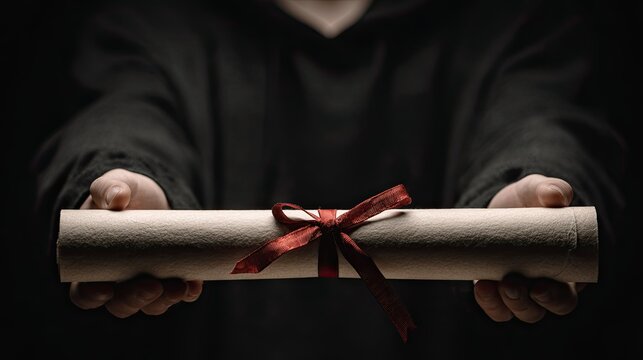 Rolled diploma held by outstretched hands