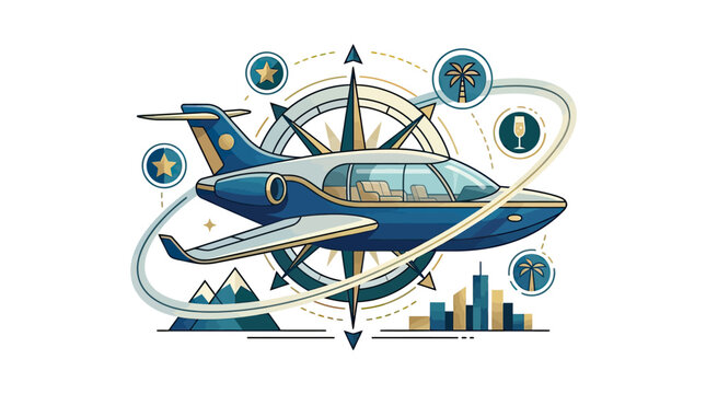 Private Jet Travel Concept With Compass Icon On White Background
