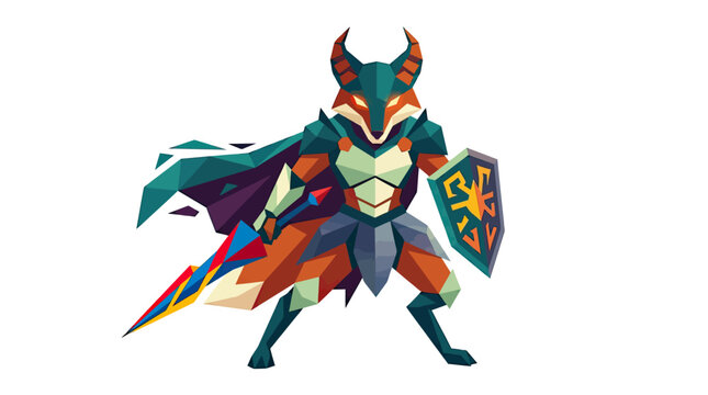 Low Poly Fox Warrior With Shield And Sword On White Background