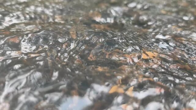 Macro close up landscape view of rushing clear river water ripples and dynamic surface currents