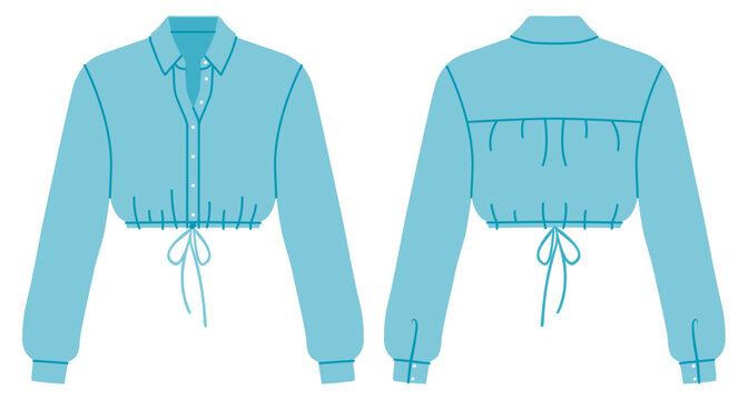 Cropped drawstring shirt with long sleeves, button closure, classic collar and adjustable waist tie. Technical fashion illustration front and back in color, modern casual design.