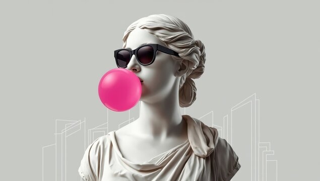 A vintage female bust wearing modern sunglasses blows a bubble with gum. Minimalist pop culture artwork. Isolated on a transparent background.