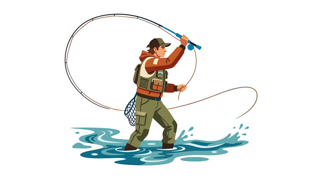 Fly Fisherman Casting Line Standing In Water White Background