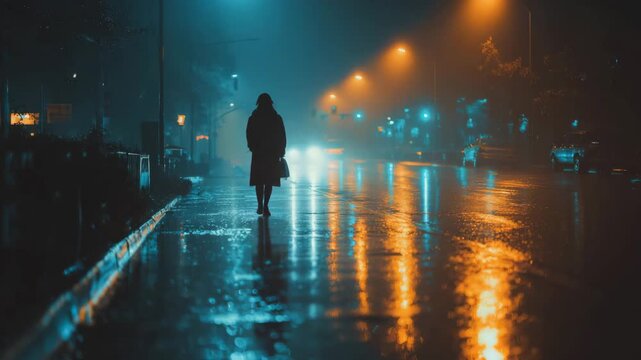 Lonely Figure Walking Through a Rain-Soaked City in Cinematic Lighting