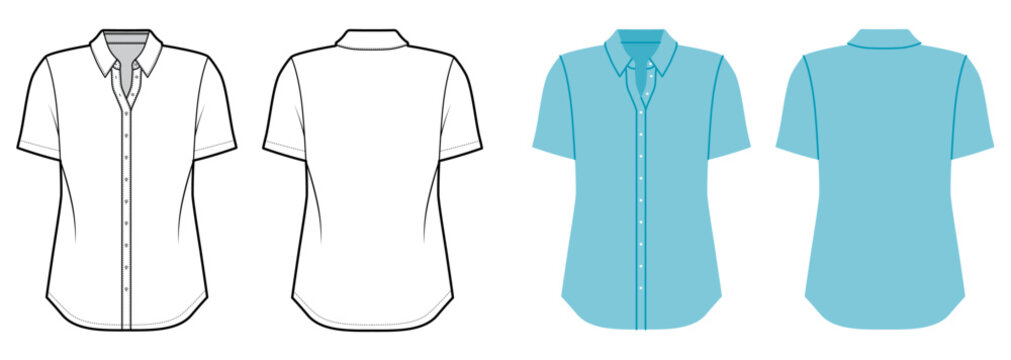 Minimal shirt with collar, short sleeves and clean silhouette without pockets, smooth contour. Technical fashion illustration in black and white color, front back views, modern apparel CAD template