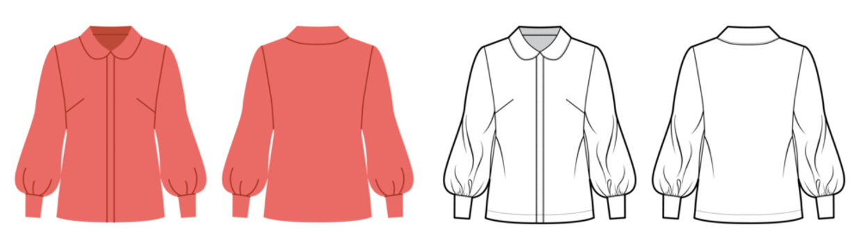 Blouse with rounded collar, long puff sleeves and soft volume silhouette, clean shaping lines. Technical fashion illustration in black and white color, front back views, modern apparel CAD template