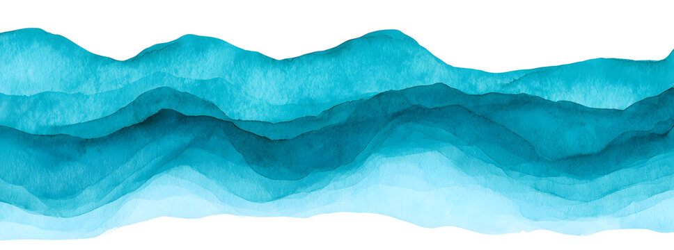 Artistic watercolour, featuring bright turquoise blue wavy layers, creates a marine border background. Hand-painted aquamarine teal overlays mimic sea waves, framing an ocean banner, perfect for under