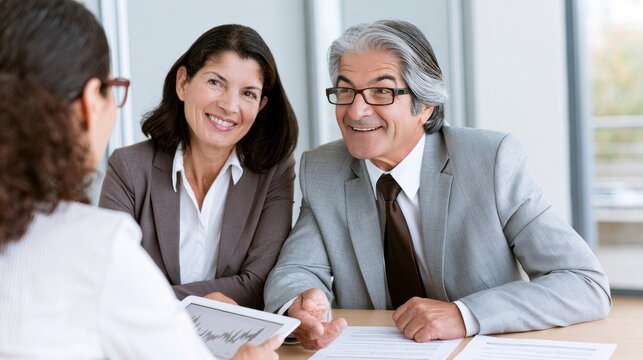 Senior couple meeting with financial advisor to discuss investments, retirement planning and long-term financial goals. Professional consultation, wealth management and financial confidence