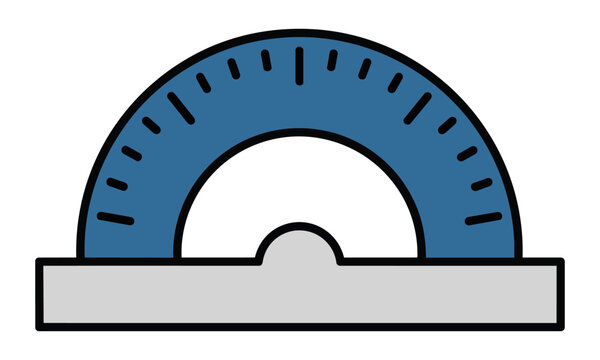 Professional semi-circular architectural protractor icon with clean geometric lines and bold black outlines isolated on white. Engineering tool concept