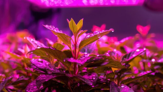 A plant with water droplets, lit by pink or purple growing lamps. Indoor flower seed cultivation. Vertical orientation.