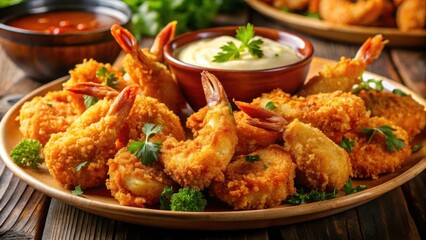 Fototapeta premium Golden fried shrimp with a side of dipping sauce a delicious and crispy seafood dish