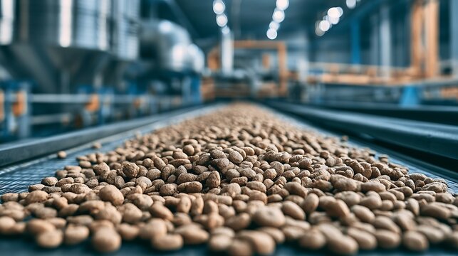 Pelletized animal feed moves along an industrial conveyor belt. Industrial manufacturing process for agricultural.
