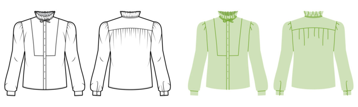 Victorian style blouse with ruffle neckline, long sleeves and decorative front panel detail. Technical fashion illustration in black and white color, front back views, apparel CAD template. Vector