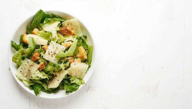 Caesar salad against a white backdrop.