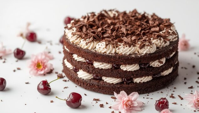 Tempting Black Forest cake displayed with chocolate shavings on a clean white background in bakery imagery.